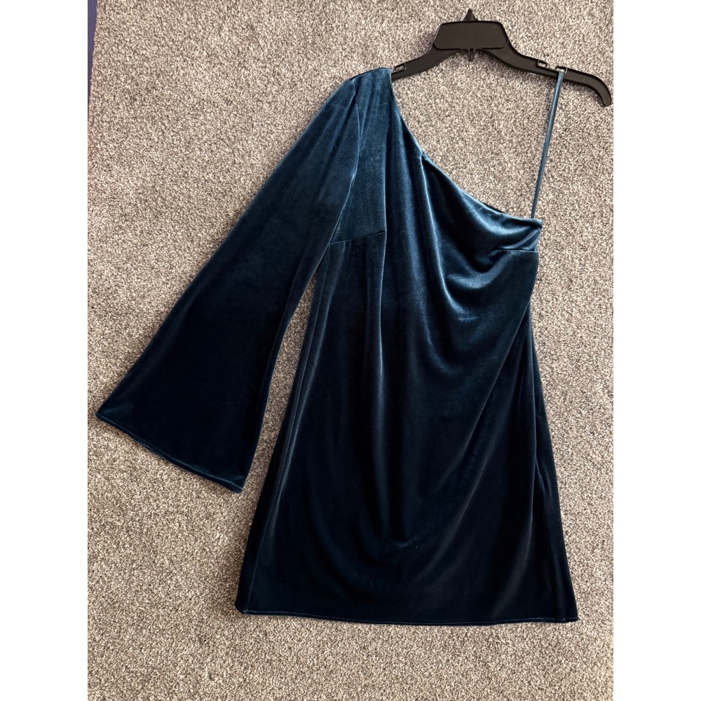 French Connection Velvet One Shoulder Mini Dress 0 Teal Bell Sleeve Party Glam